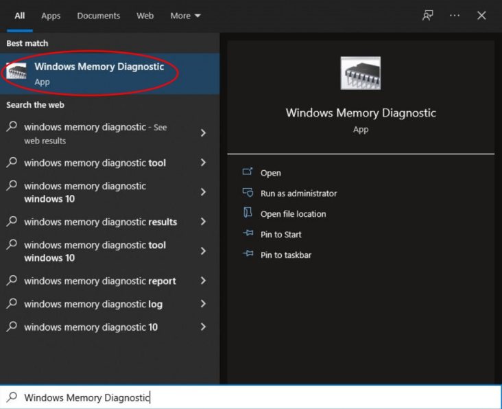 Windows Memory Diagnotic Search