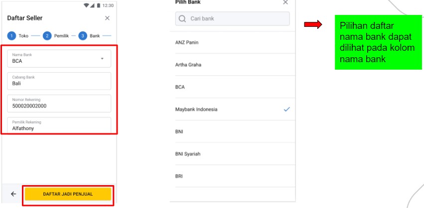Pilih bank saat buka toko di Bhinneka lewat Android